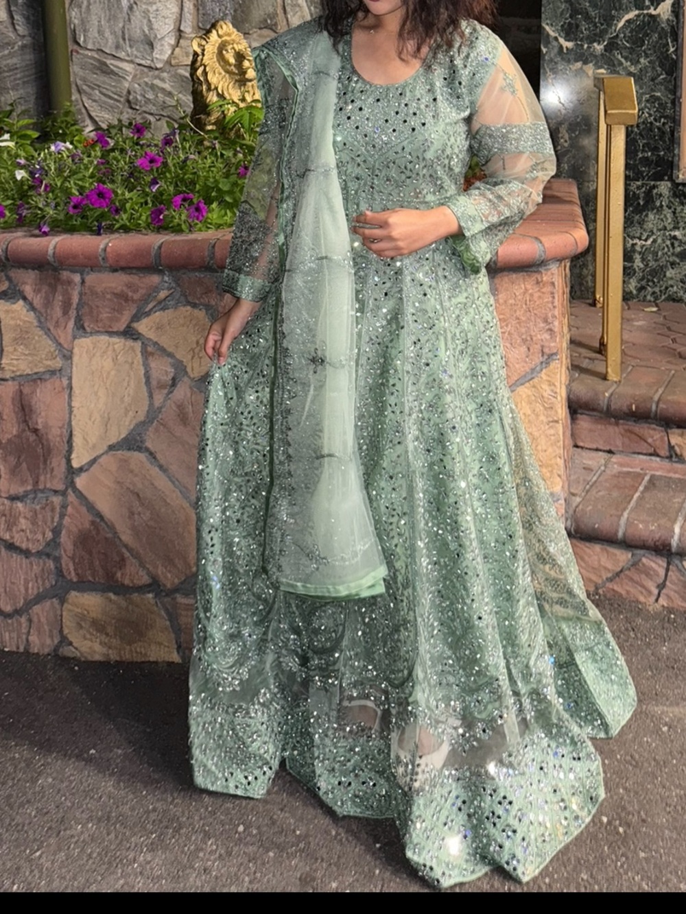 Embroidered Sage Green Women's Wedding Dress with Sheer Sleeves Pakistani